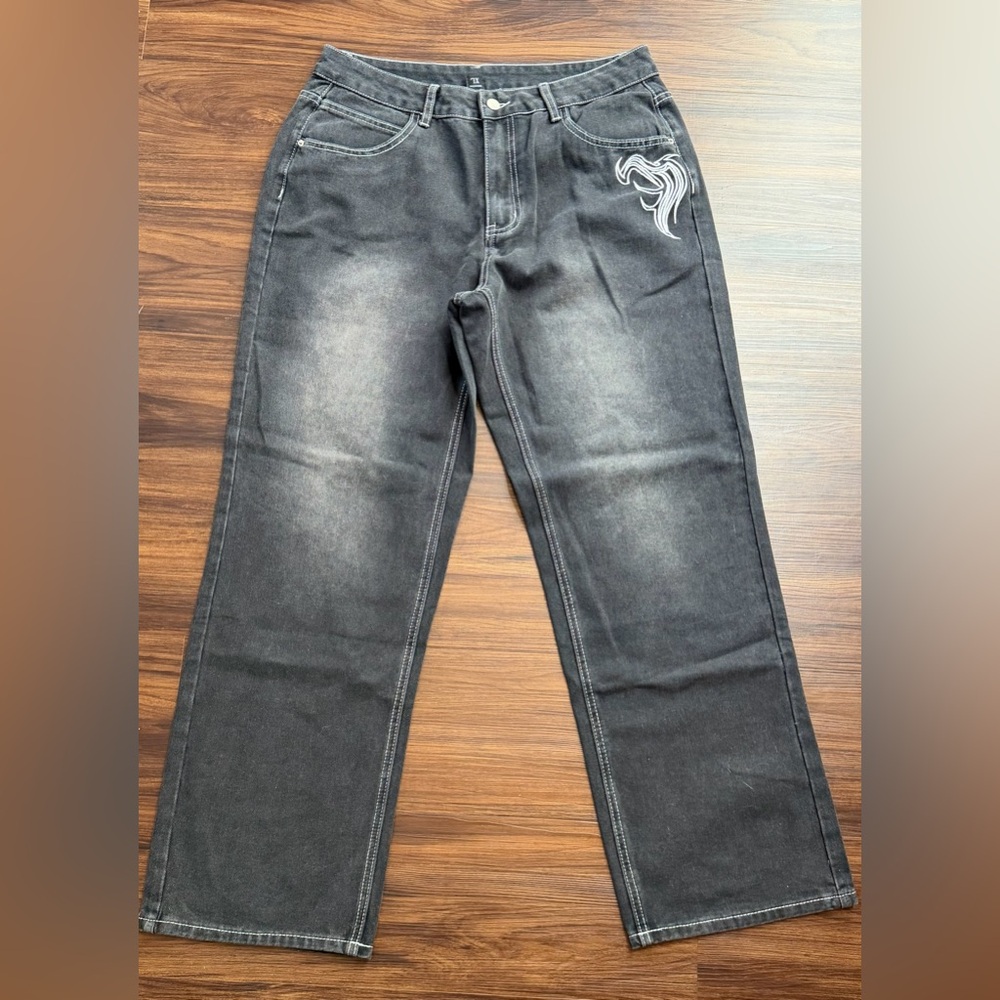 Black Denim Jeans XL Y2K Streetwear Faded Wash Graphic Pocket Wide Leg